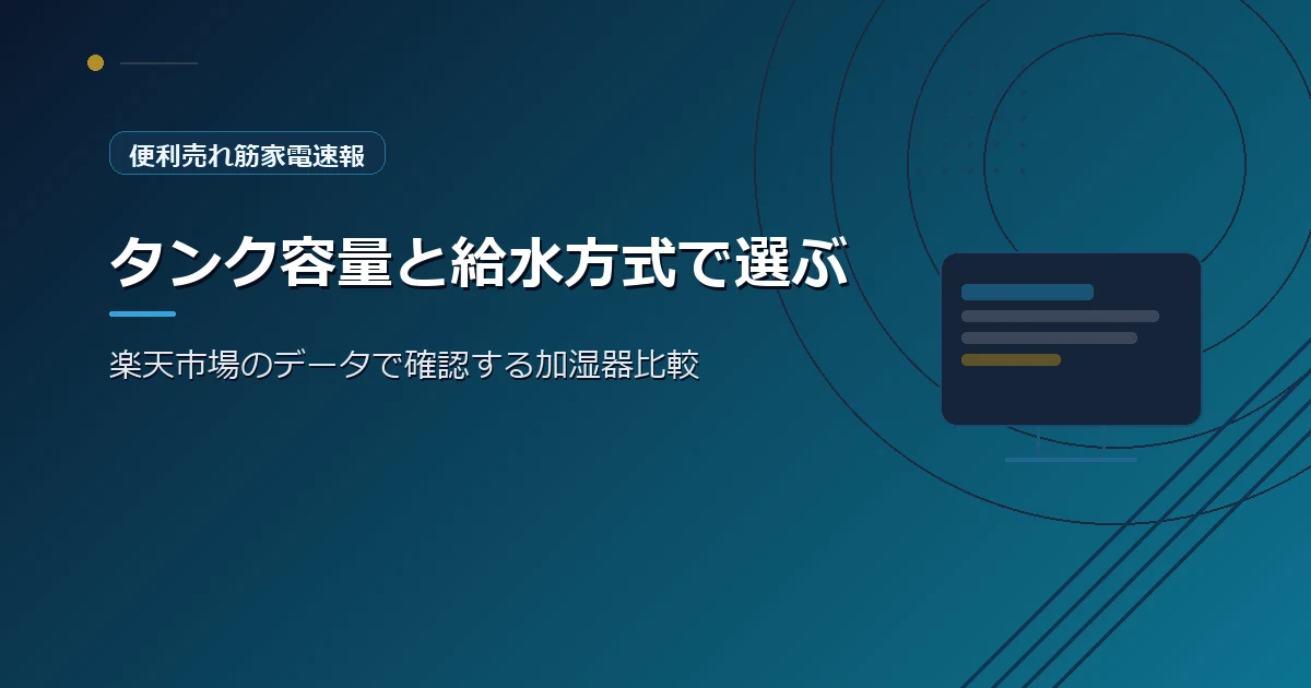 便利売れ筋家電速報の、加湿器の選び方を紹介する青系デザインのアイキャッチ画像